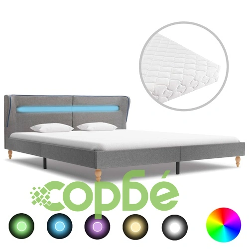 Легло с LED и матрак, светлосиво, плат, 180x200 см ➤ топ цена ➤ sorbe.bg