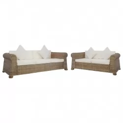 Комплект мека мебел от 2 части, с възглавници, естествен ратан