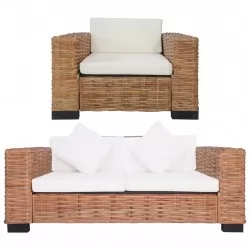 Комплект дивани с възглавници, 2 части, естествен ратан  