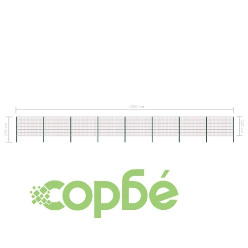 Ограден панел с железни стълбове 1385x120 см, зелен ➤ топ цена ➤ sorbe.bg