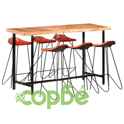 Бар комплект от 7 части масивно дърво и естествена кожа ➤ топ цена ➤ sorbe.bg