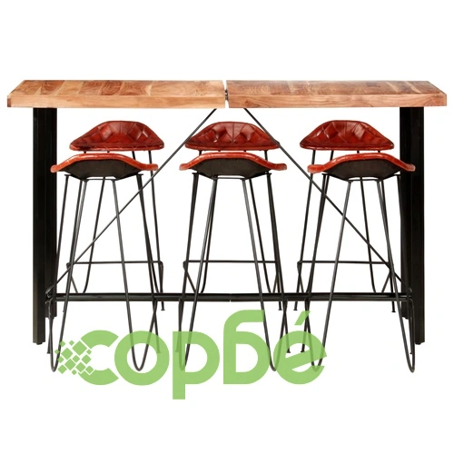 Бар комплект от 7 части масивно дърво и естествена кожа ➤ топ цена ➤ sorbe.bg