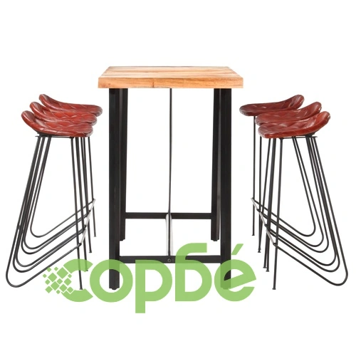 Бар комплект от 7 части масивно дърво и естествена кожа ➤ топ цена ➤ sorbe.bg