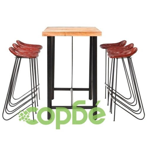 Бар комплект 7 части акациево дърво масив и естествена кожа ➤ топ цена ➤ sorbe.bg