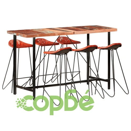 Бар комплект 7 части регенерирано дърво масив и естествена кожа ➤ топ цена ➤ sorbe.bg