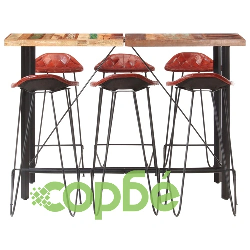 Бар комплект 7 части регенерирано дърво масив и естествена кожа ➤ топ цена ➤ sorbe.bg