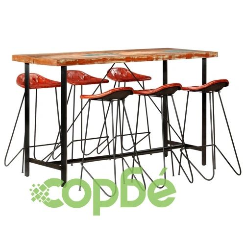 Бар комплект 7 части регенерирано дърво масив и естествена кожа ➤ топ цена ➤ sorbe.bg