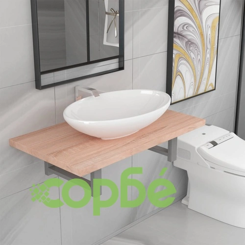 Комплект мебели за баня от две части, керамика, дъб ➤ топ цена ➤ sorbe.bg