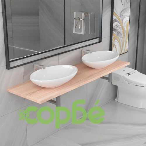 Комплект мебели за баня от три части, керамика, дъб ➤ топ цена ➤ sorbe.bg