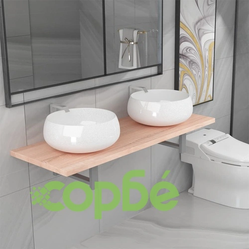 Комплект мебели за баня от три части, керамика, дъб ➤ топ цена ➤ sorbe.bg