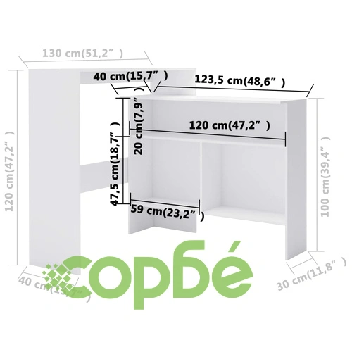 Бар маса с 2 плота, бяла, 130x40x120 см ➤ топ цена ➤ sorbe.bg