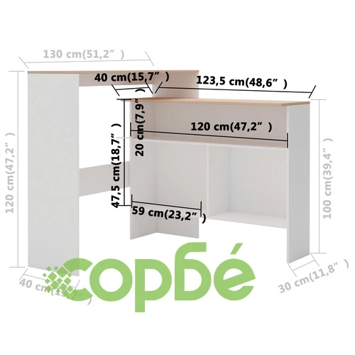Бар маса с 2 плота, бяло и дъб, 130x40x120 см ➤ топ цена ➤ sorbe.bg