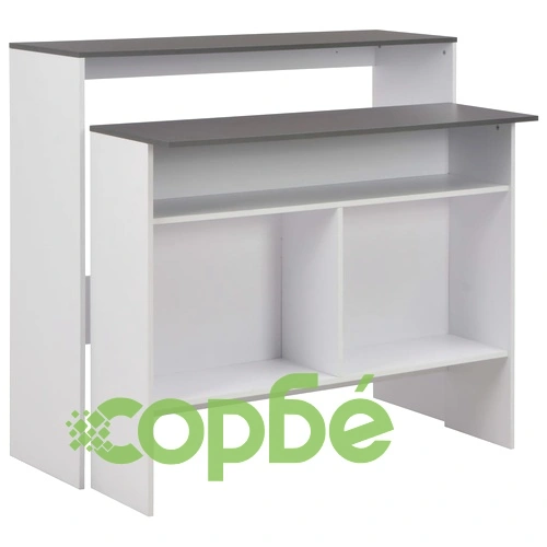 Бар маса с 2 плота, бяло и сиво, 130x40x120 см ➤ топ цена ➤ sorbe.bg