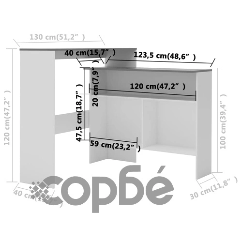 Бар маса с 2 плота, бяло и сиво, 130x40x120 см ➤ топ цена ➤ sorbe.bg