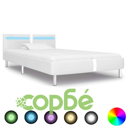 Рамка за легло с LED, бяла, изкуствена кожа, 90x200 cм ➤ топ цена ➤ sorbe.bg