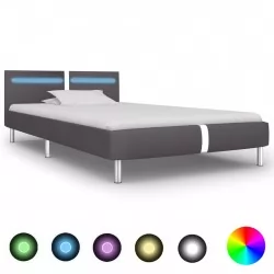 Рамка за легло с LED, сива, изкуствена кожа, 90x200 cм