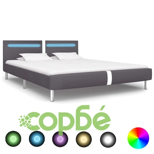 Рамка за легло с LED, сива, изкуствена кожа, 160x200 cм ➤ топ цена ➤ sorbe.bg