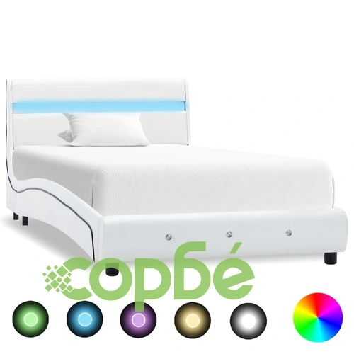 Рамка за легло с LED, бяла, изкуствена кожа, 90x200 cм ➤ топ цена ➤ sorbe.bg