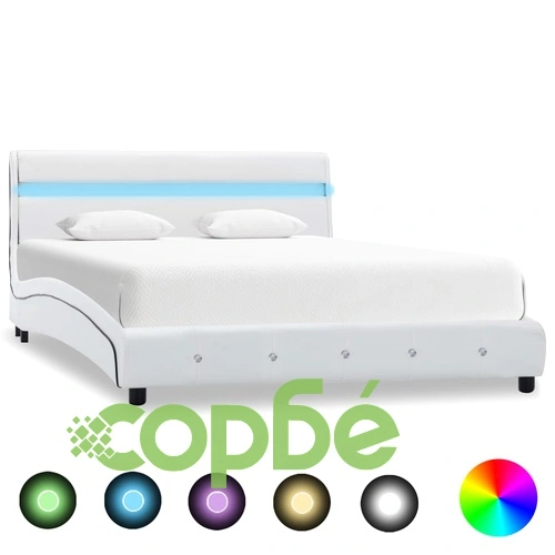 Рамка за легло с LED, бяла, изкуствена кожа, 160x200 cм ➤ топ цена ➤ sorbe.bg