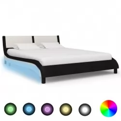 Рамка за легло с LED, черно и бяло, изкуствена кожа, 140x200 cм