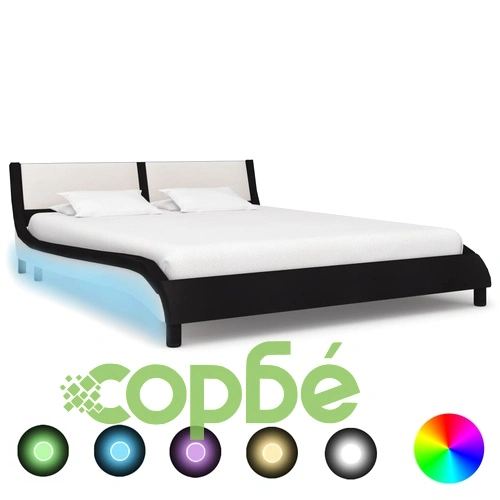 Рамка за легло с LED, черно и бяло, изкуствена кожа, 180x200 cм ➤ топ цена ➤ sorbe.bg