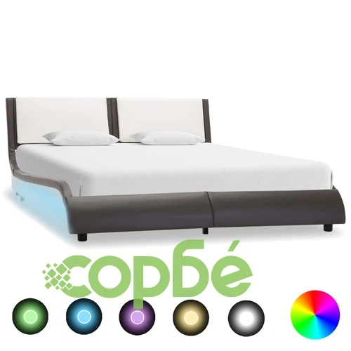 Рамка за легло с LED, сиво и бяло, изкуствена кожа, 140x200 cм ➤ топ цена ➤ sorbe.bg