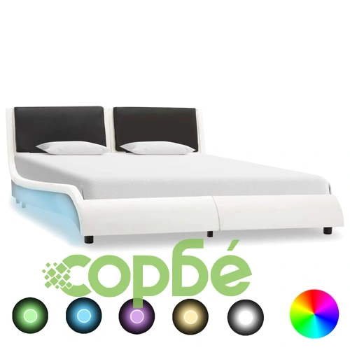 Рамка за легло с LED, бяло и черно, изкуствена кожа, 140x200 cм ➤ топ цена ➤ sorbe.bg