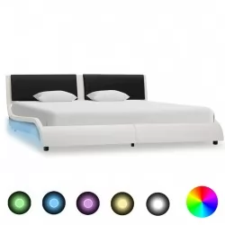 Рамка за легло с LED, бяло и черно, изкуствена кожа, 180x200 cм