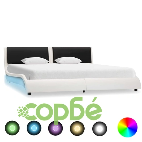 Рамка за легло с LED, бяло и черно, изкуствена кожа, 180x200 cм ➤ топ цена ➤ sorbe.bg