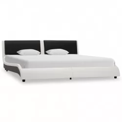 Рамка за легло с LED, бяло и черно, изкуствена кожа, 180x200 cм