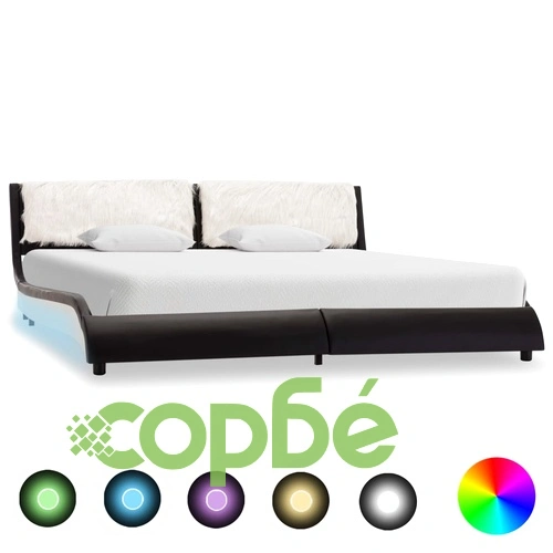 Рамка за легло с LED, черно и бяло, изкуствена кожа, 160x200 cм ➤ топ цена ➤ sorbe.bg