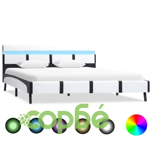 Рамка за легло с LED, бяло и черно, изкуствена кожа, 135x190 cм ➤ топ цена ➤ sorbe.bg