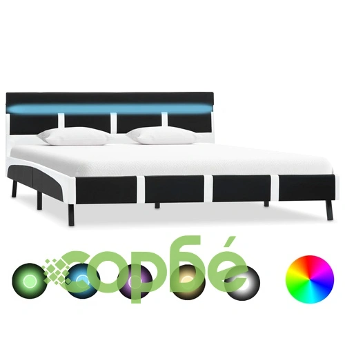 Рамка за легло с LED, черно и бяло, изкуствена кожа, 135x190 cм ➤ топ цена ➤ sorbe.bg