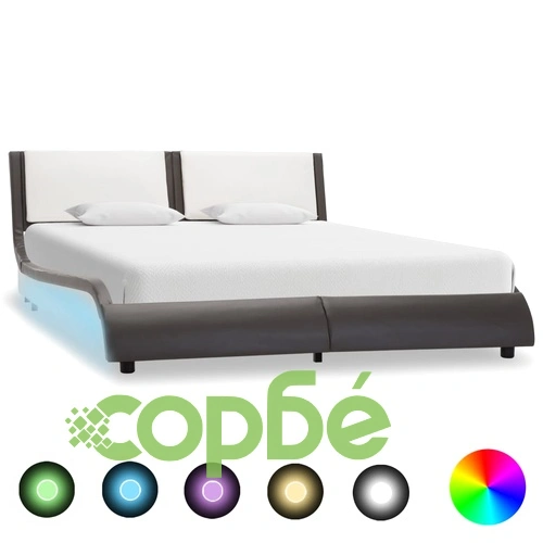 Рамка за легло с LED, сиво и бяло, изкуствена кожа, 135x190 cм ➤ топ цена ➤ sorbe.bg