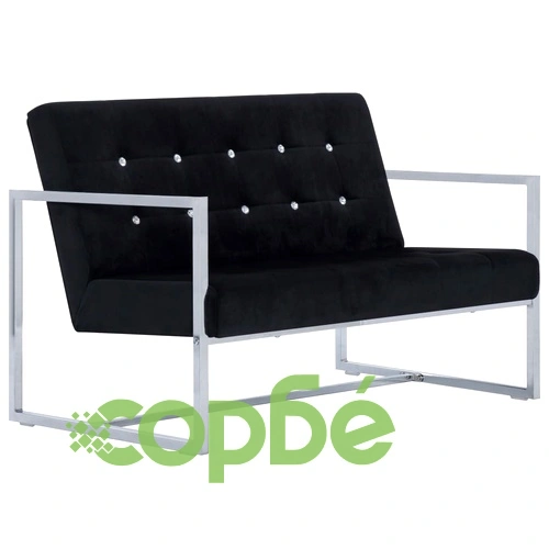 2-местен диван с подлакътници, черен, хром и кадифе ➤ топ цена ➤ sorbe.bg