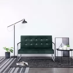 Двуместен диван с подлакътници, тъмнозелен, хром и кадифе