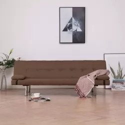 Разтегателен диван с две възглавници, кафяв, полиестер