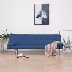 Разтегателен диван с две възглавници, син, полиестер