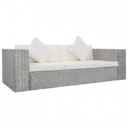 3-местен диван с възглавници, сив, естествен ратан