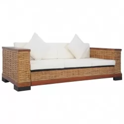 3-местен диван с възглавници, кафяв, естествен ратан