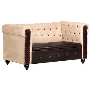 2-местен Честърфийлд диван, кафяв, естествена кожа