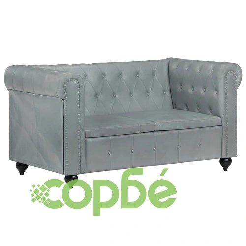 2-местен Честърфийлд диван, сив, естествена кожа ➤ топ цена ➤ sorbe.bg