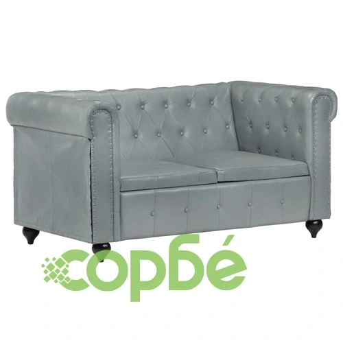 2-местен Честърфийлд диван, сив, естествена кожа ➤ топ цена ➤ sorbe.bg