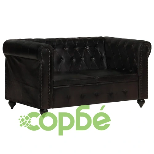 2-местен Честърфийлд диван, черен, естествена кожа ➤ топ цена ➤ sorbe.bg