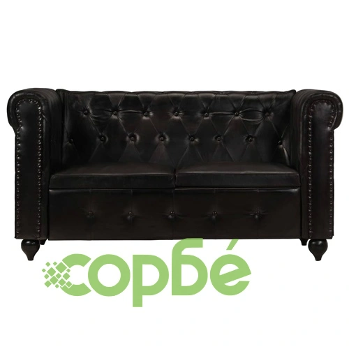 2-местен Честърфийлд диван, черен, естествена кожа ➤ топ цена ➤ sorbe.bg