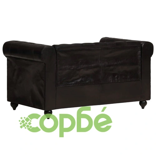 2-местен Честърфийлд диван, черен, естествена кожа ➤ топ цена ➤ sorbe.bg