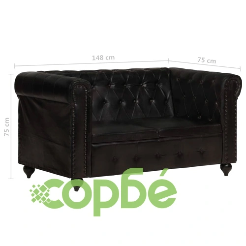 2-местен Честърфийлд диван, черен, естествена кожа ➤ топ цена ➤ sorbe.bg