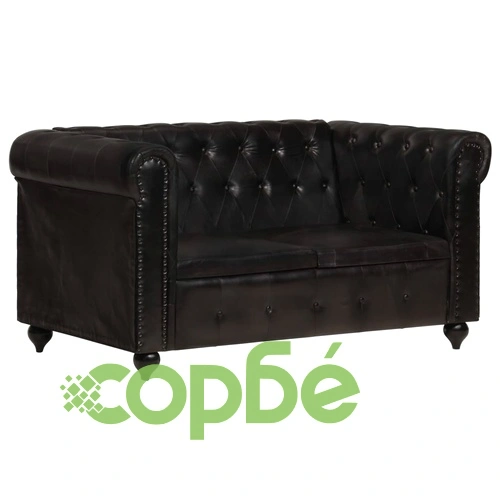 2-местен Честърфийлд диван, черен, естествена кожа ➤ топ цена ➤ sorbe.bg