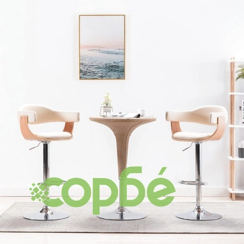 Бар табуретки, 2 бр, кремави, извито дърво и изкуствена кожа ➤ топ цена ➤ sorbe.bg