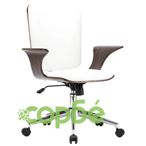 Въртящ се офис стол, бял, изкуствена кожа и извито дърво ➤ топ цена ➤ sorbe.bg